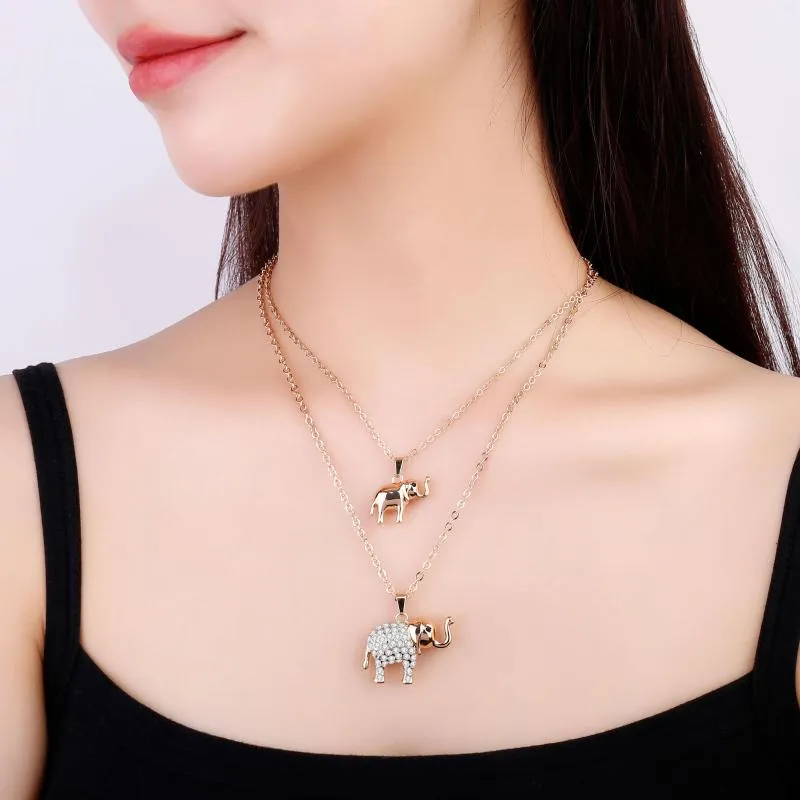 Anhänger Halsketten Koreanische Trendy Nette Kleine Elefant Halskette Für Frauen Doppelschicht Kristall Schlüsselbein Kette Cartoon Schmuck Mädchen Geschenk