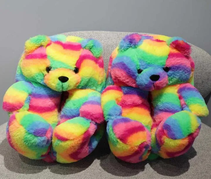 Women Winter Lovely Cartoon Teddy Bear Cotton Slippers Rainbow Colorful Warm Slides Cute Indoor Shoes Faux Fur Girl Y09025248020
