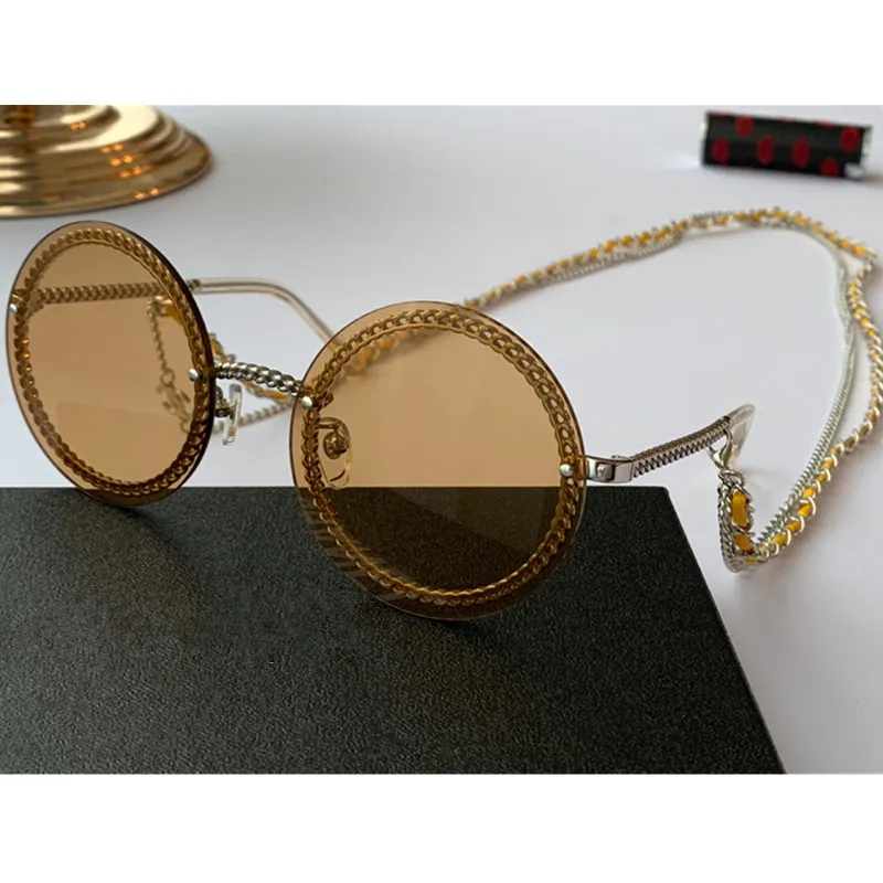 Fashion Chain Desig Round Rimless Sunglasses UV400 for Women 58-18 Stylish Concise In S Gradient Polariz Eyeglasses Goggles 245 fullset orgi na case