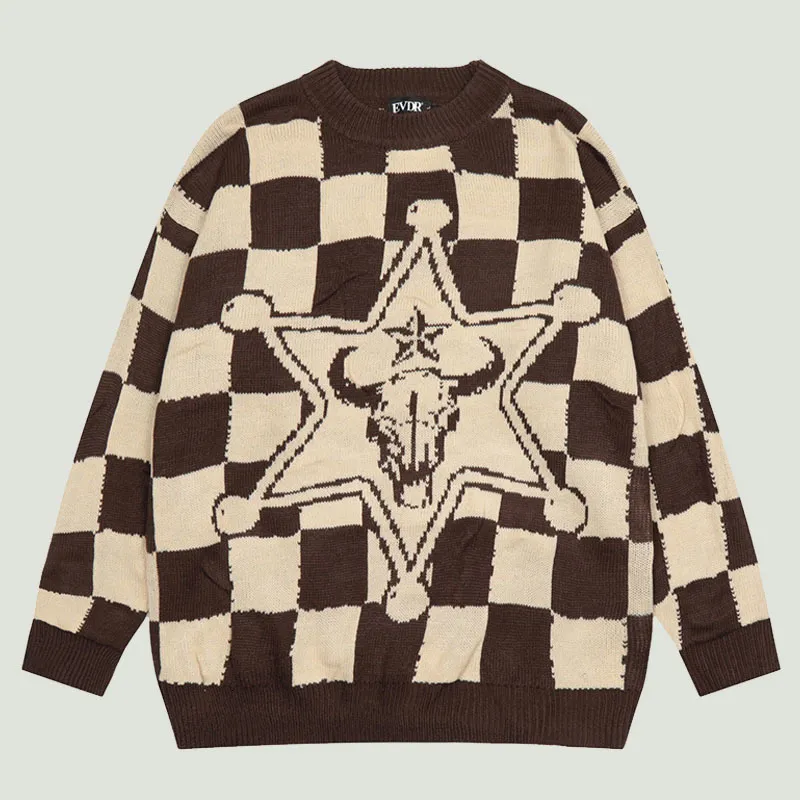 Men's Sweaters Hip Hop Knitted Men Harajuku Vintage Star Gun Plaid Jumper Streetwear Casual Oversized Pullover Couple Autumn Tops 221125