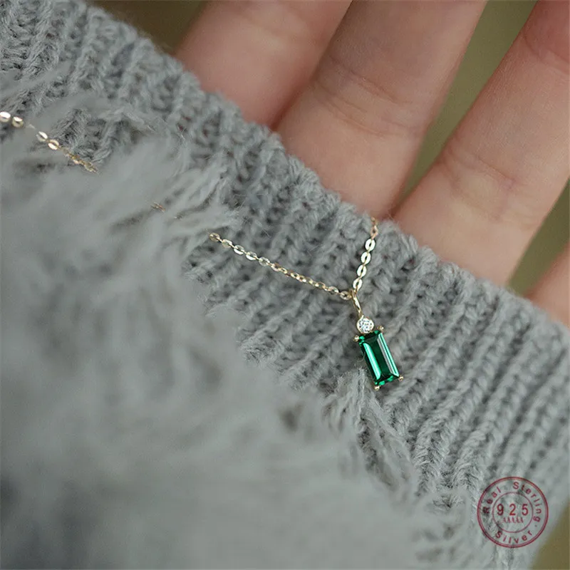 925 Sterling Silver Necklace European Square Square Green Green Clavicle Chain Women Classic Plating 14k Gold Jewelry