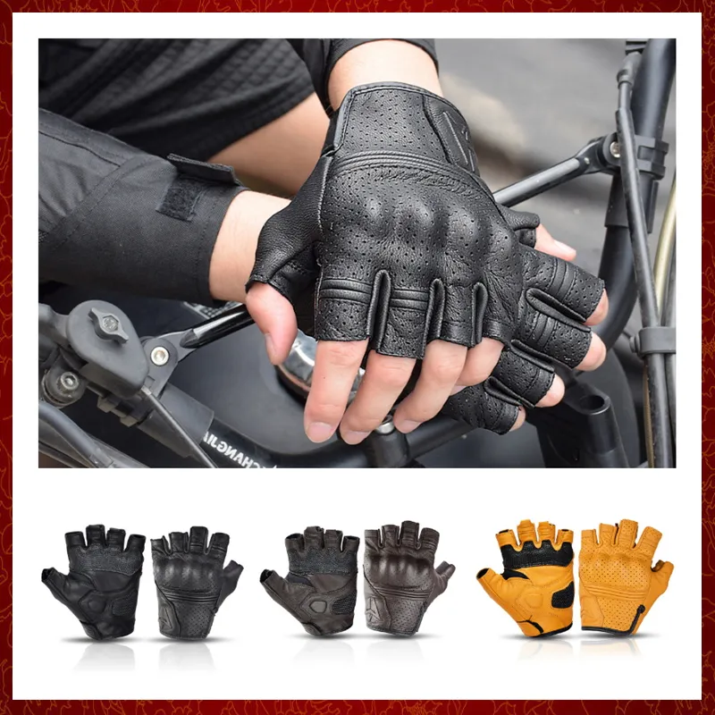 ST456 Guantes de moto amarillos de verano, guantes de cuero sin dedos para  Moto, guantes Retro de medio dedo para motocicleta, medio guantes para