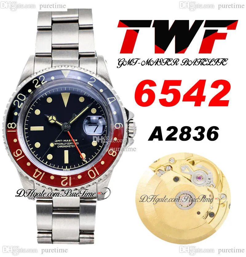 TWF 6542 VINTAGE GMT A2836 Automatisk herrklocka 38mm koks Bezel Black Stick Dial Red Calendar Oystersteel Stainless Steel Armband Super Edition Puretime B2 B2