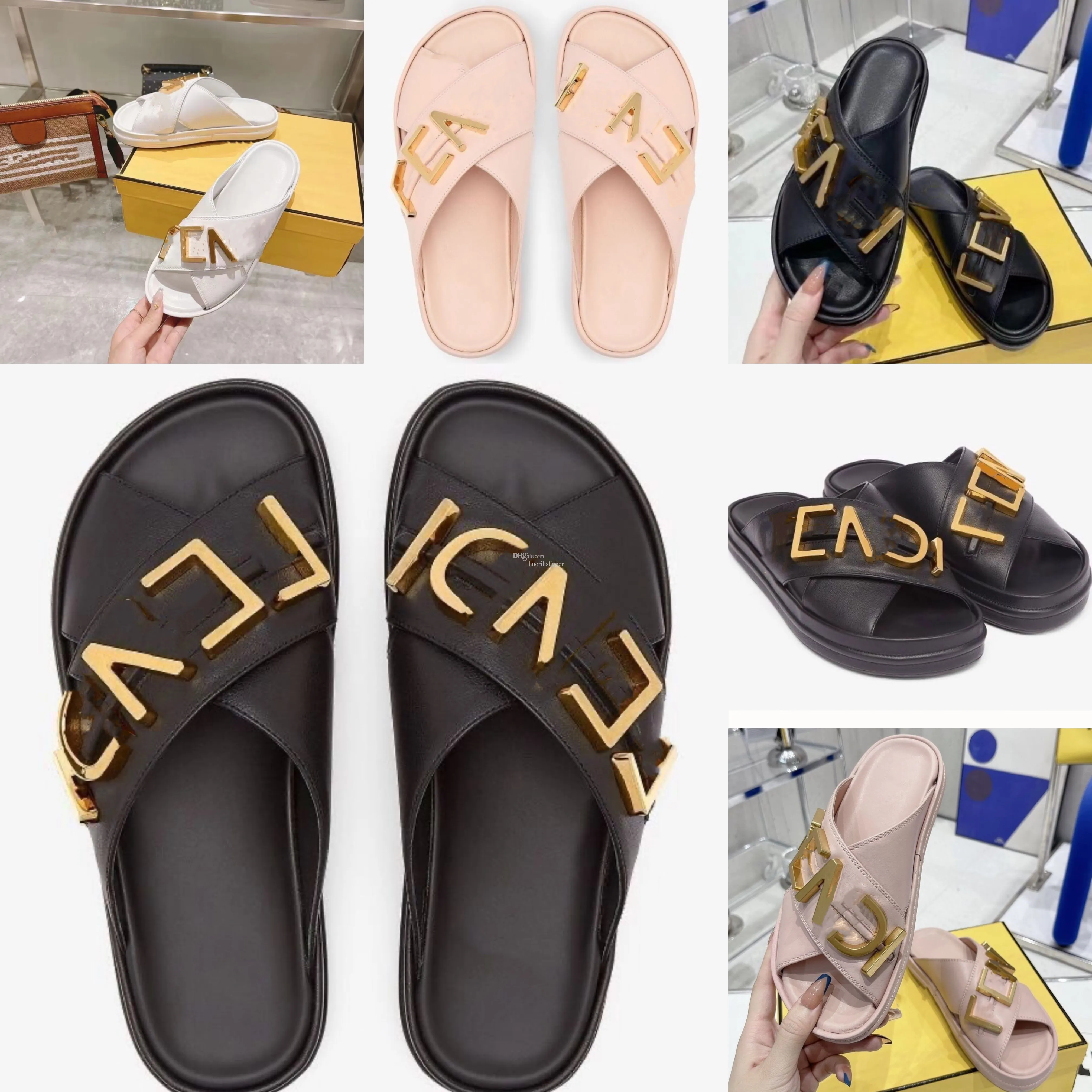 Nya tofflor Modeplattformssandaler Metallspänne lyxiga lägenheter Cross vintage ungdomskohud halkfri deodorant Andas strandflip-flops 36-46