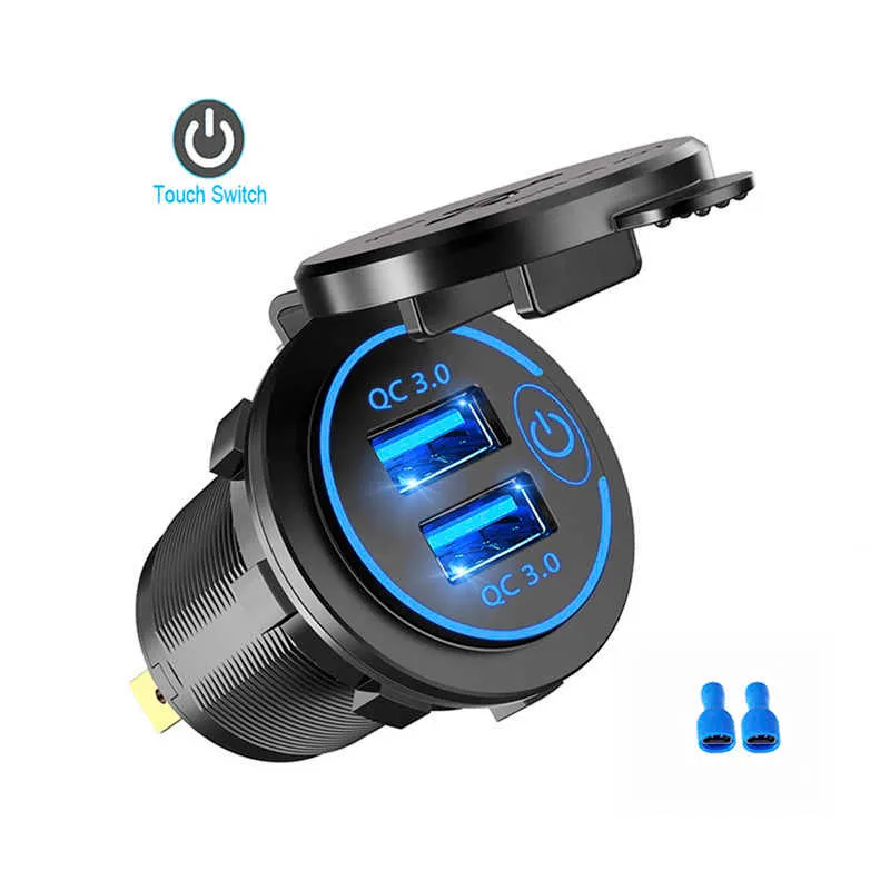 Snabbladdning 3.0 Dual USB Car Charger Socket Waterproof 12V/24V QC3.0 USB ABS Fast Charger Socket Power Outlet med Touch Switch