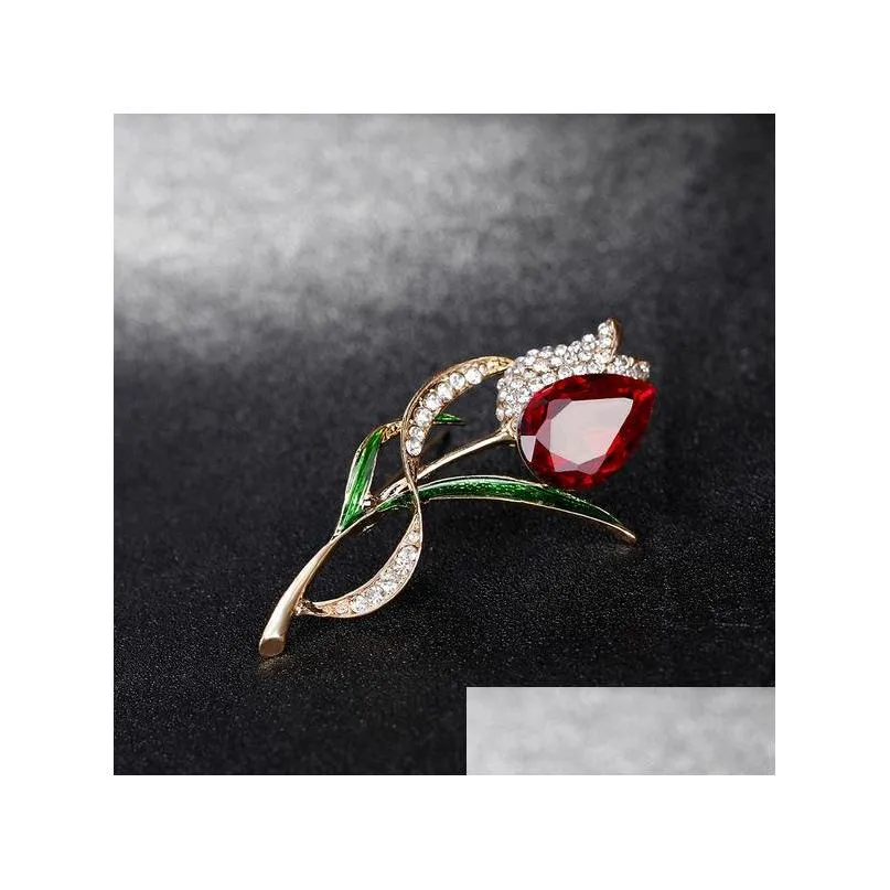 Pins Broschen Rote Kristallspitze Brosche Diamant Blume Cor Schal Schnalle Broschen Frauen Kleid Anzug Modeschmuck Drop Lieferung Dhoi2