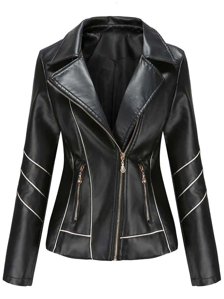 Skóra damska sztuczna jesień zima czarne kurtki dla kobiet w długim rękawie w rozmiarze podstawowy płaszcz z ciastym kołnierzem motocyklowym kurtka motocyklowa 221125