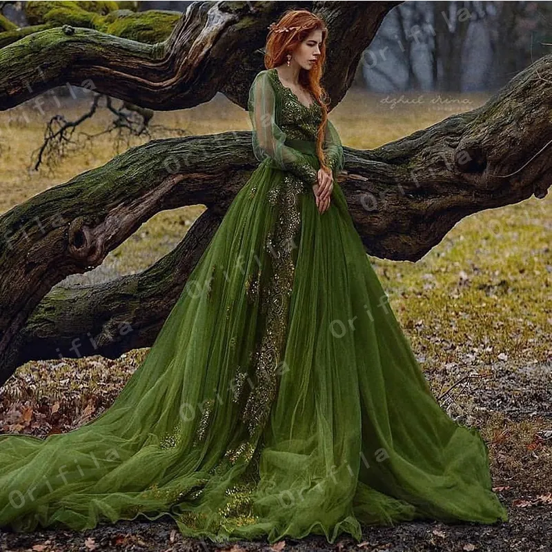 2023 Olive Green Lace Fairy Tulle Enchanted Forest Prom Dress With Loose  Long Sleeves Perfect For Cosplay, Princess Evening Gown, And Soiree From  Alegant_lady, $131.05