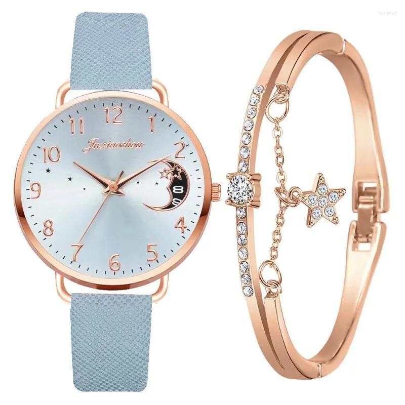 Armbanduhren Damen Luxus verkaufen Uhrenquarz Set Pu mit Mondmuster -Zifferblatt Relojes Para Mujer