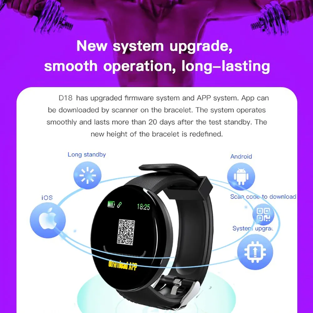 D18 Waterproof Active 2 Smartwatch With Blood Pressure, Heart Rate