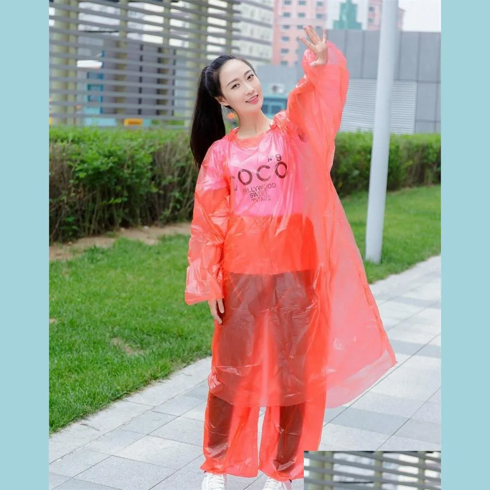 Raincoats Disposable Raincoats Pe Plastic Solid Colors Travel Must Split Hood Poncho Rainwear Waterproof Rain Coats For Men Women 1 Dheda