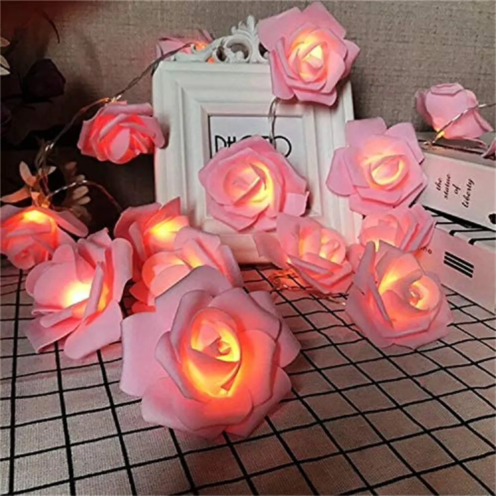 Rose Flower LED String Lights Artificial Flower Bouquet Garland for Holiday Wedding Valentine's Day Christmas Party Decoration Lamp