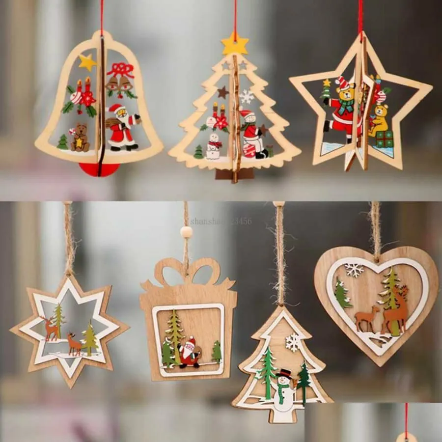 Décorations de Noël en bois Arbre de Noël Coeur Flocon de neige Jingle Bell Hangs Décorations Ornements en bois El Home Decor Drop Livraison Dhtns