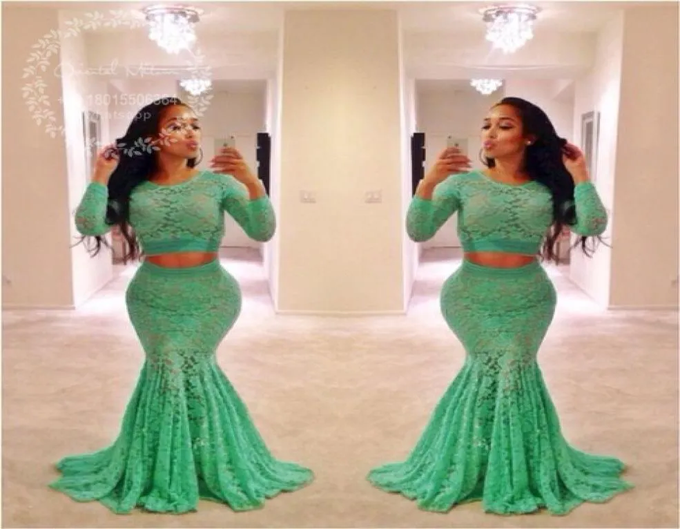 Lime Green Lace Two Pieces Prom Dresses 2017 Long Sleeves Mermaid Evening Dress African Plus Size Black Girls Formal Party Gowns3175426