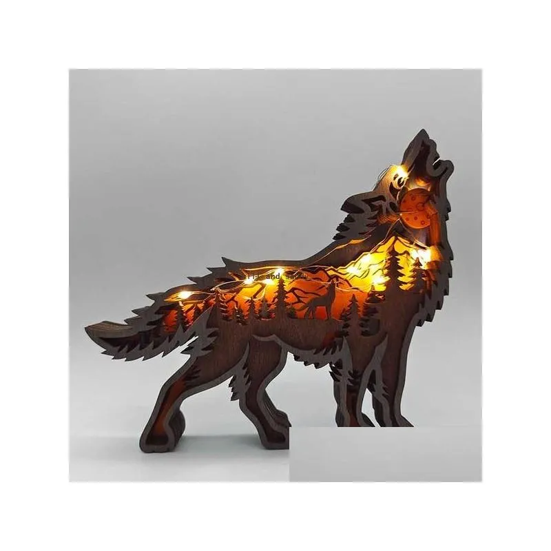 Altro Home Decor Howl Wolf Craft Scpture Figurine Laser Cut Wood Material Home Decor Gift Art Crafts Forest Animal Table Decoration Dhbqj