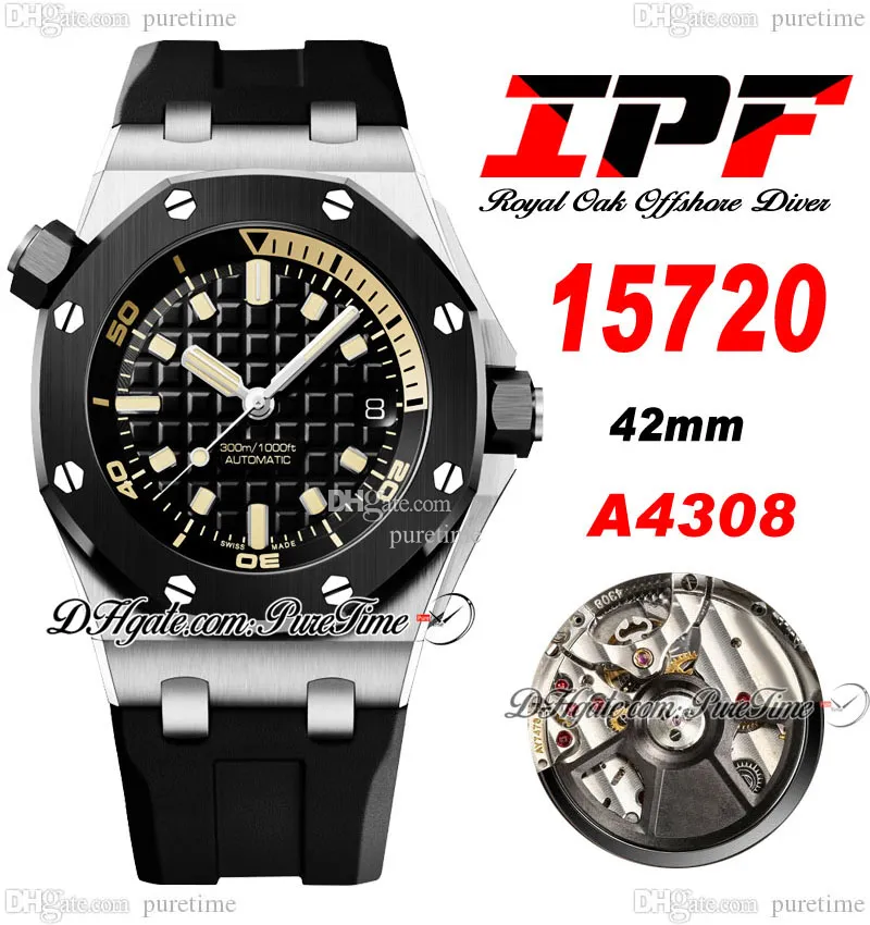 IPF 1572 Diver A4308 자동 남성 시계 42mm 스틸 케이스 검은 질감 다이얼 스틱 마커 고무 스트랩 슈퍼 에디션 시계 A1