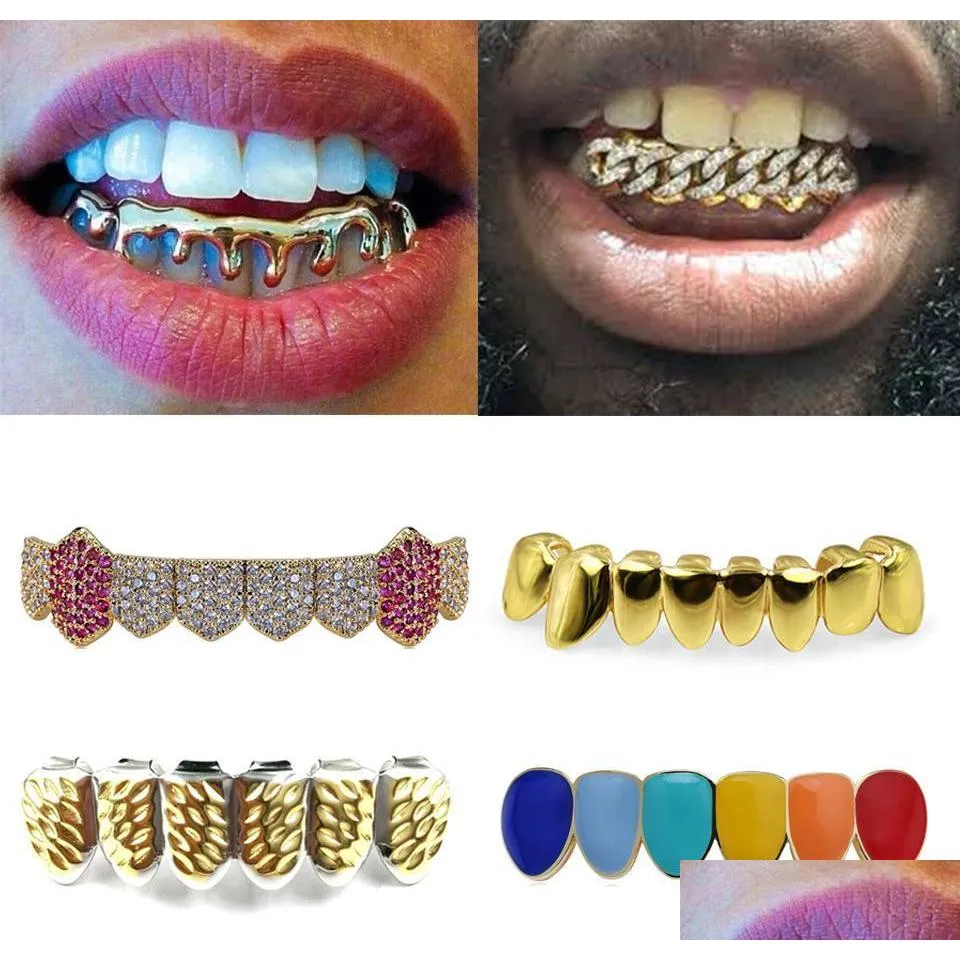 Grills dental Grillz Brace de dentes de ouro 18k Punk Hip Hop Mticolor Diamante