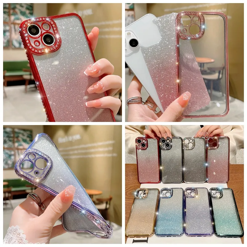 Bling Diamond Plating Papier Veranderende hoesjes voor Iphone 15 14 Plus 13 12 11 Pro Max XR XS MAX X 8 7 Luxe Verchroomd Metallic Zacht TPU Glitter Gradiënt Fijn Gat Telefoonhoesje