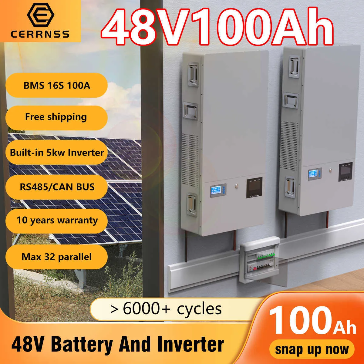 48V 100AH Powerwall LiFePO4-Akku, integrierter 5-kW-Wechselrichter, Ausgang 220–240 VAC, 6000 Zyklen, max. 32 parallel, für PV-Heimstrom