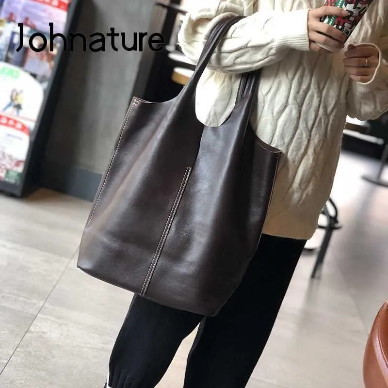 Designer-Tasche Casual Tote Große Kapazität Dame Umhängetaschen Johnature Koreanische Weiche Erste Schicht Kuh Leder Frauen Handtasche 2022 Einkaufstasche