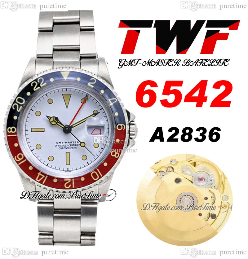 TWF 6542 Vintage GMT A2836 Automatic Mens Watch 38 -мм кока -кока -кока -колу белая шлеб