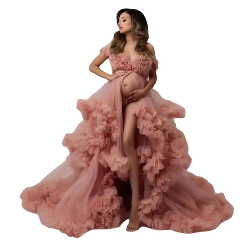 Sexig tulle moderskapsfotografklänningar Lång kvinnlig graviditetsskytte för fotosession gravid kvinna baby shower klänningar