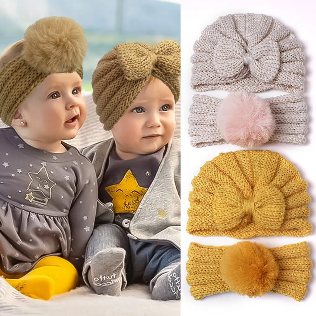 2 pièces hiver bébé chapeau bandeau ensemble pompon infantile bandeau arc bébé Turban chapeaux enfants bonnet enfant en bas âge casquette pour filles garçon accessoires