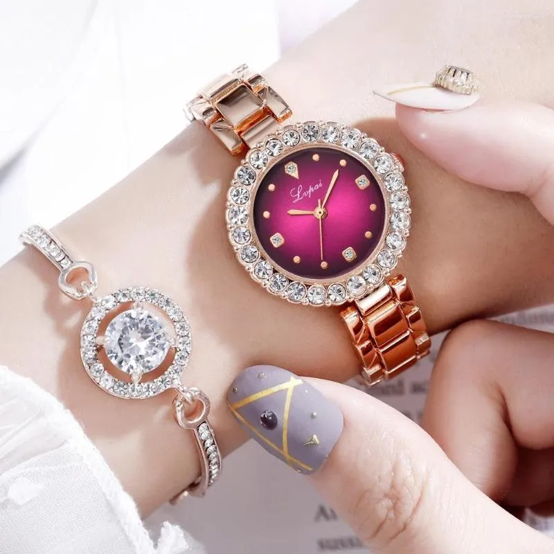 Montres-bracelets diamant femmes montres montre en or Rose dames Quartz glacé strass femmes Bracelet ensemble Relojes Para Mujer