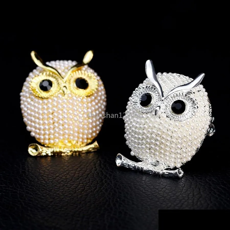 Pins Brooches Gold Owl Brooch Pins Bird Pearl Brooches Business Suit Dress Tops Cor For Women Men Fashion Jewelry Drop Delivery Dhzhs