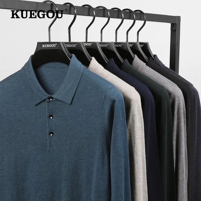 Erkek Sweaters Kuegou Sonbahar Kış Men Kazak Polo Gömlek Yakası Uzun Kollu Küleyler Kalite İnce Örme Yün Karışımı Sıcak Üst 721 221125