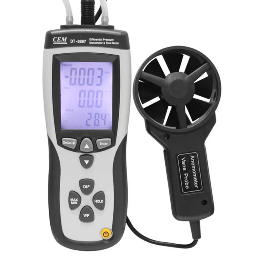 CEM DT-8897 Multifunktionsmessgerät Differenzdruckmanometer Messgerät Durchflussmesser Anemometer USB mit Datenloggerfunktion