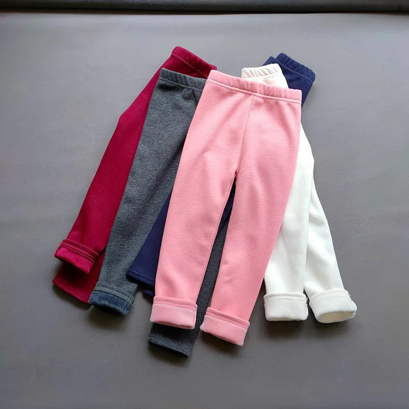 Leggings Tights Autumn Winter Girls Fleece Kids Slim Thermal Trousers Childrens Solid Color Plus Velvet Warm Pants 221125