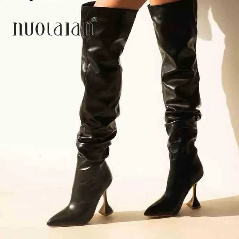 Bottes Sexy Noir Cuissardes Femmes En Cuir Verni Talons Sur Le Genou Pour Point Toe Fetish Party Longues Chaussures 220901