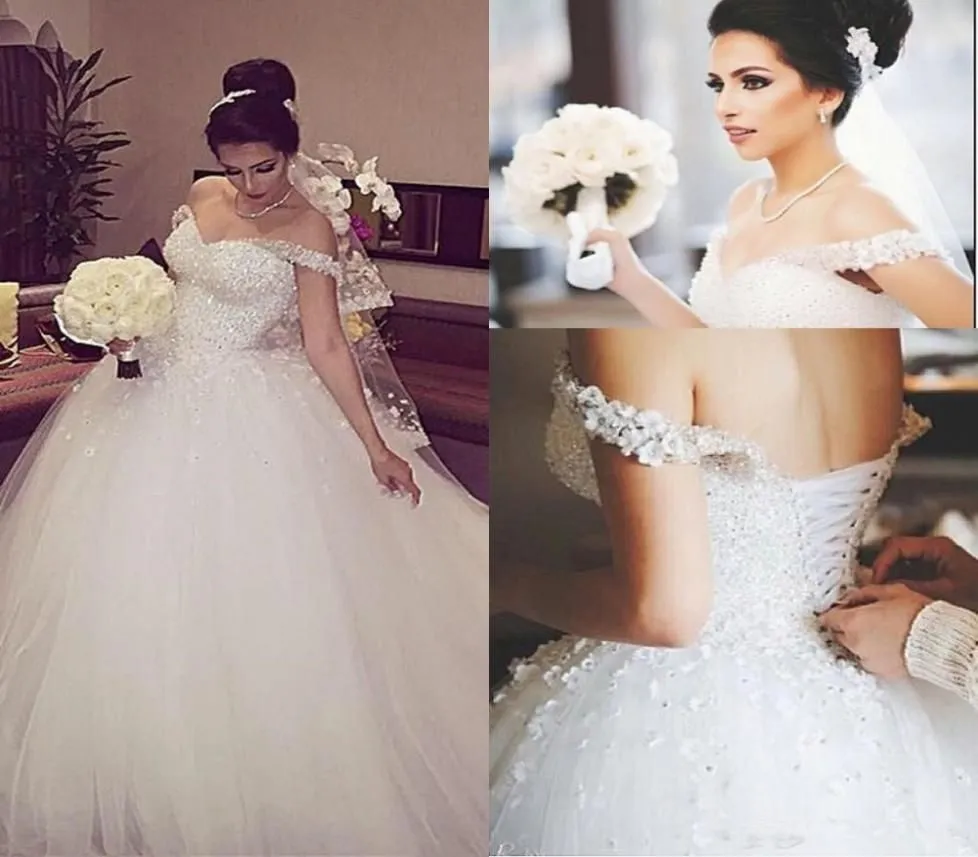 Lindo vestidos de casamento vestido de noiva bola renda apliques fora das alças frisadas tule cetim feito sob encomenda plus size vestido de novia