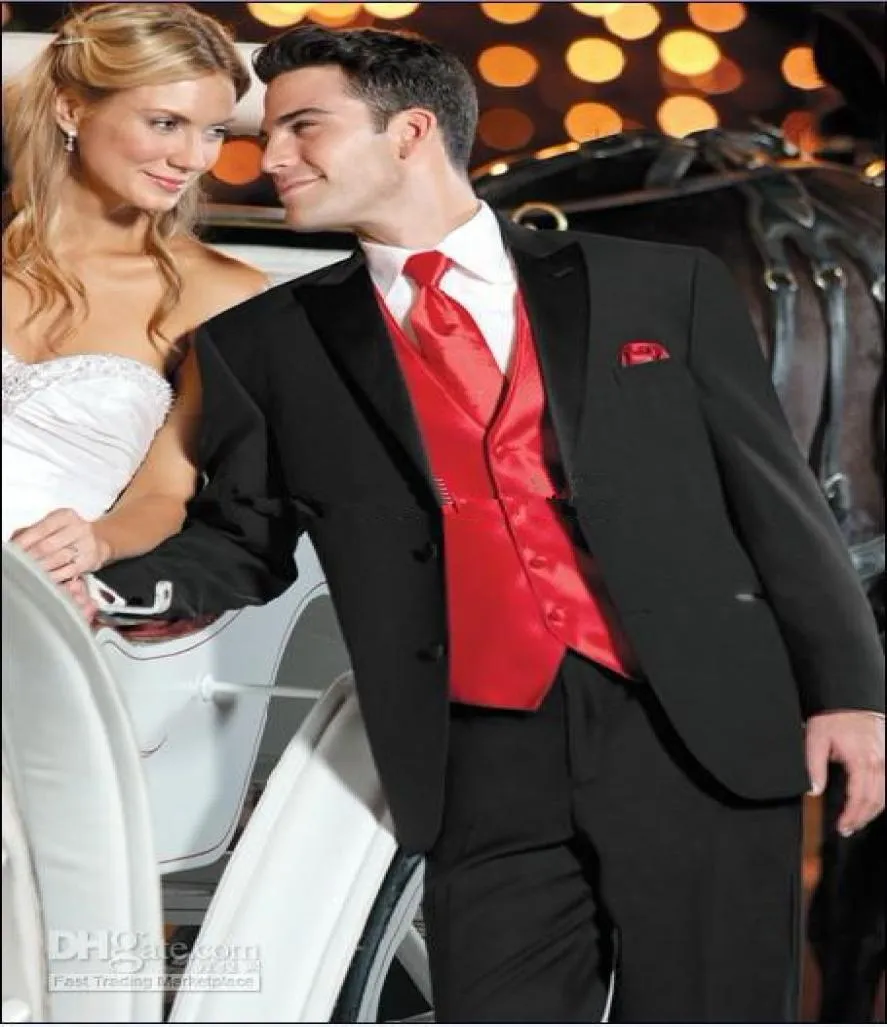 Ny stil svart kostym r￶d v￤st brudgummen tuxedos man topp satin lapel groomsmen m￤n br￶llop kostymer brudgroomjacketpantsstievest6104179