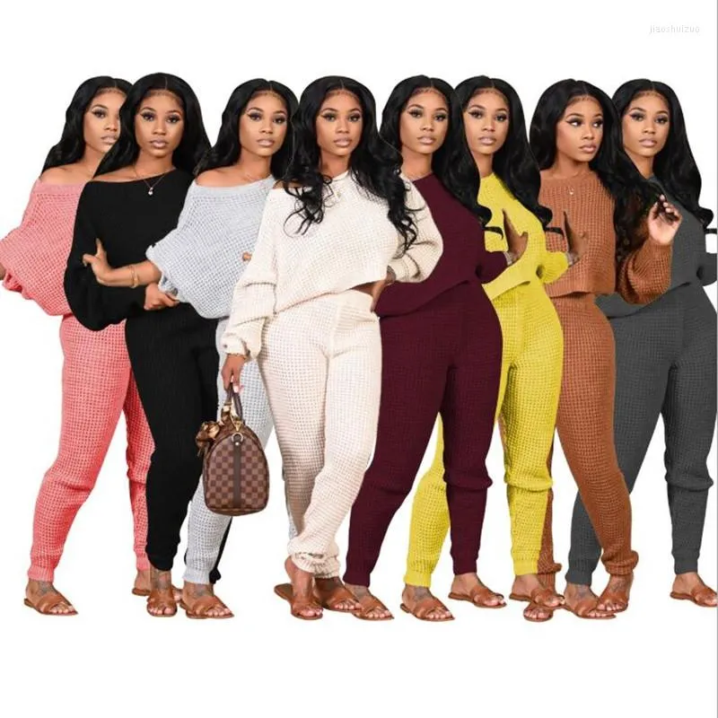 Kvinnors tvåbitar byxor CM.Yaya High Street Ribbed Women's Set Classic Sweaters Tops Sticked Sweatsuit Matching Fitness Outfits