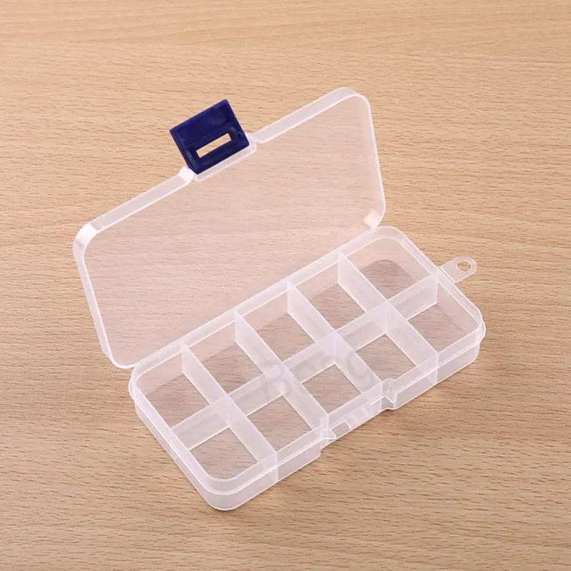 Transparente 10-Gitter-rechteckige leere Box Mini-Kunststoff-Süßigkeits-Pillendosen Halskette-Ring-Aufbewahrungskoffer Startseite Kleinigkeiten Organizer-Box BH8027 TYJ