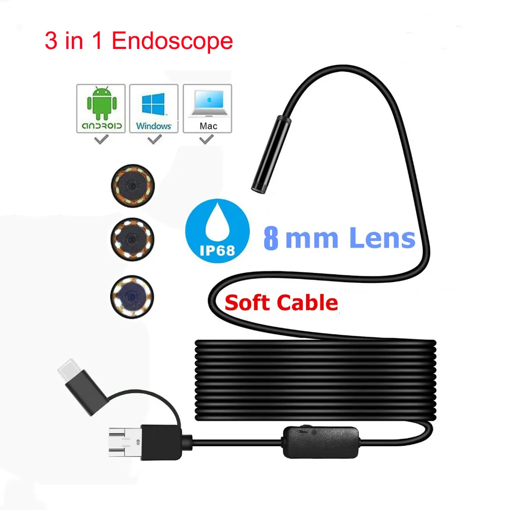 Téléphone Endoscope Mini Flexible Endoscope Caméra 7 MM Caméra D'inspection  1 M Câble Semi Rigide pour Android Smartphone PC 
