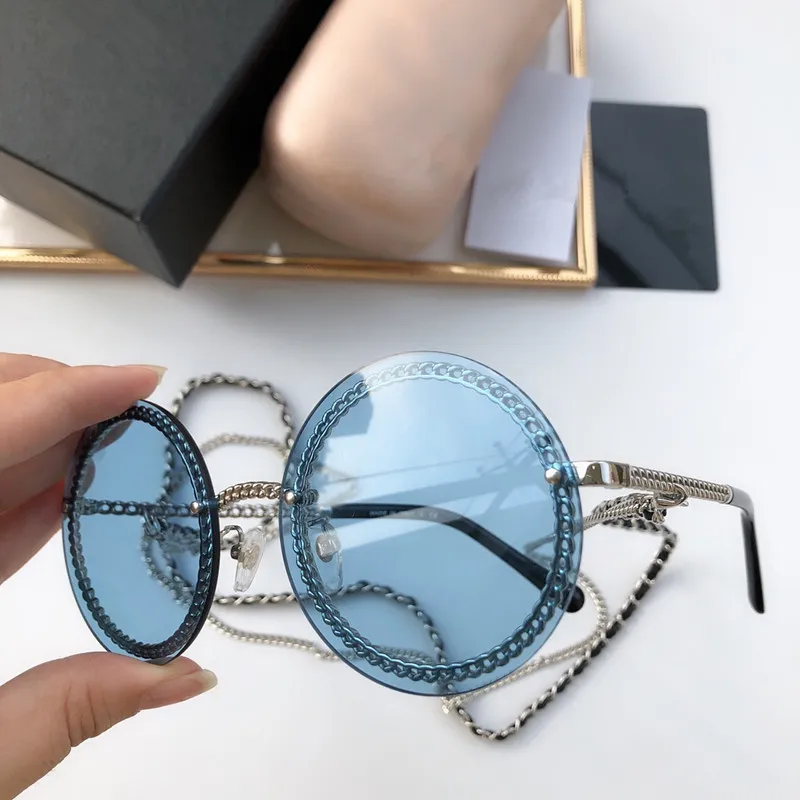 Fashion Chain Desig Round Rimless Sunglasses UV400 for Women 58-18 Stylish Concise In S Gradient Polariz Eyeglasses Goggles 245 fullset orgi na case