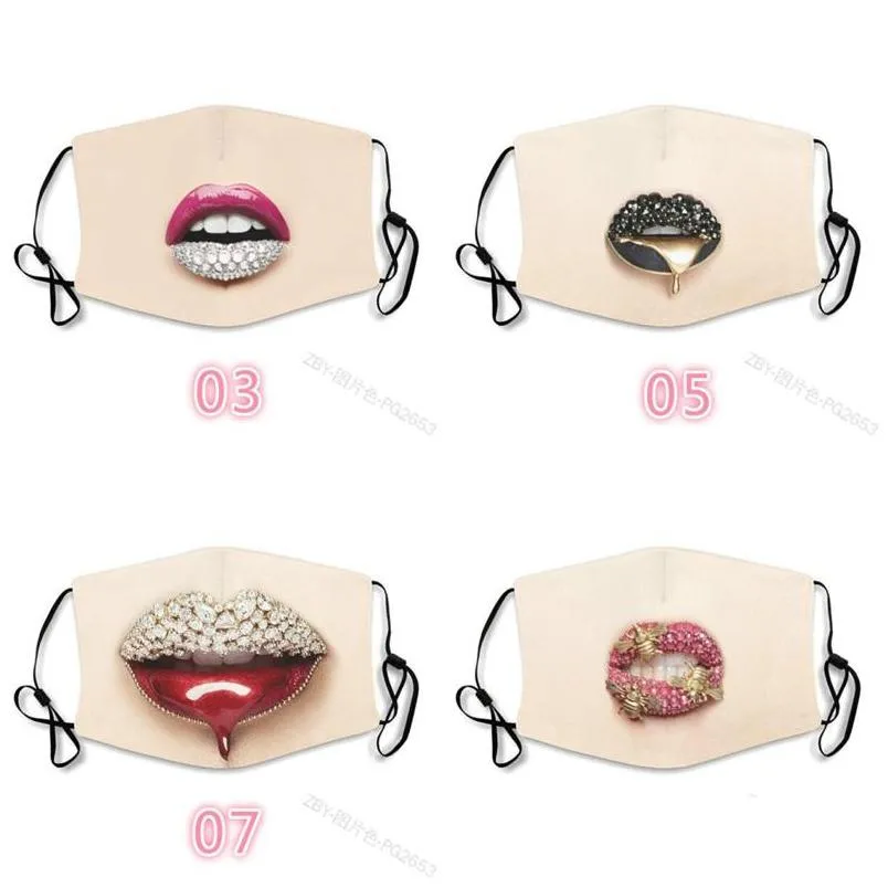 Designermasken M￼ndungen Z￤hne Lippenstaub Gesichtsmasken Kristall bedrucktes Baumwoll Mascarilla Waschbarem benutzerdefiniertem Mascherin Fash Dhgarden Dhdhk