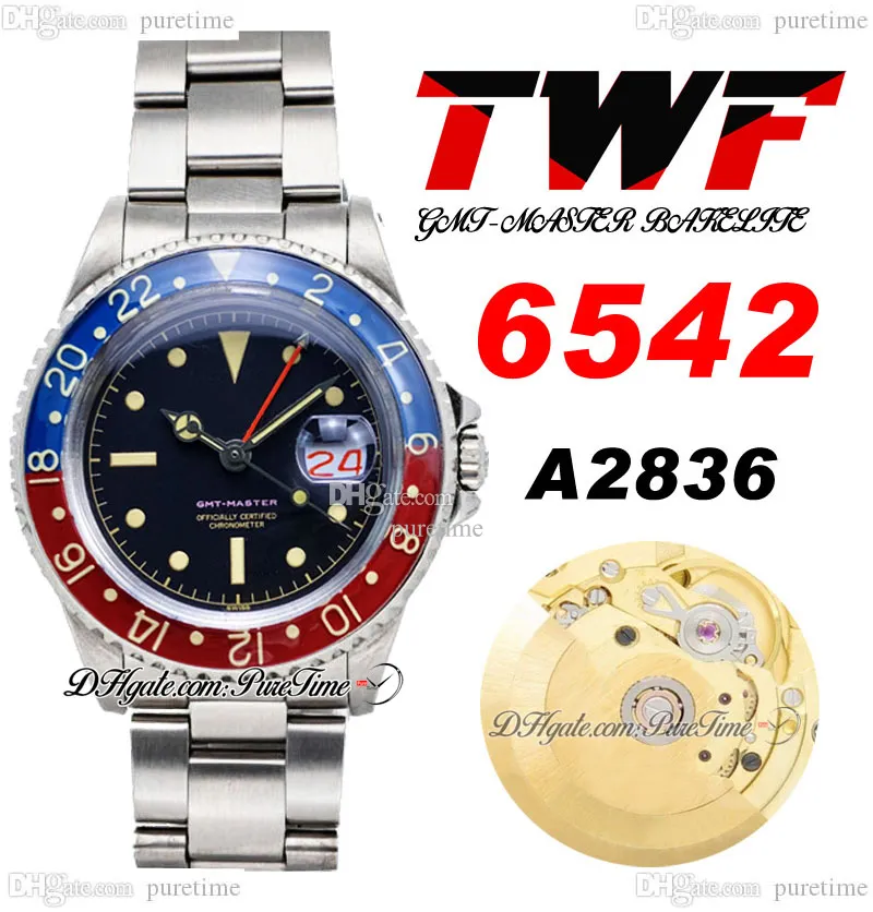 TWF 6542 VINTAGE GMT A2836 MANS ANTAWATION WATCH 38 ملم Pepsi Bezel Black Stick Dial Red Calendar Oystersteel Steel Stains Steel Super Edition Phetime A1