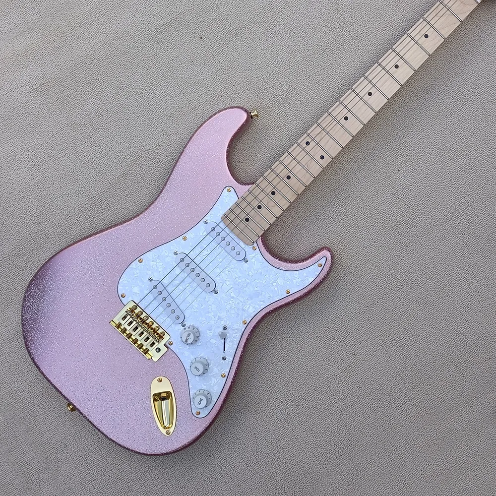 6 Strings Sparkle Pink Electric Guitar with White Pearled Pickguard Maple Fretboard SSS Pickups Customizable