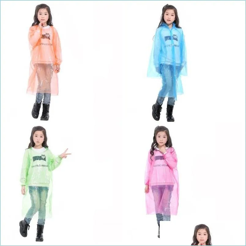 Imperméables Mode Enfant À Capuchon Jetable Imperméable Transparent En Plastique Poncho D'urgence Rainwears Extensible Cuff Camp Doit Pluie Porter Couleur Dhetv