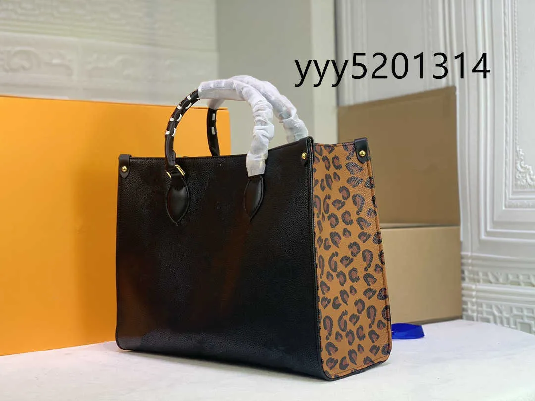 The top quality female designer tote bag presents the classic M45719 in leopard print embossed leather