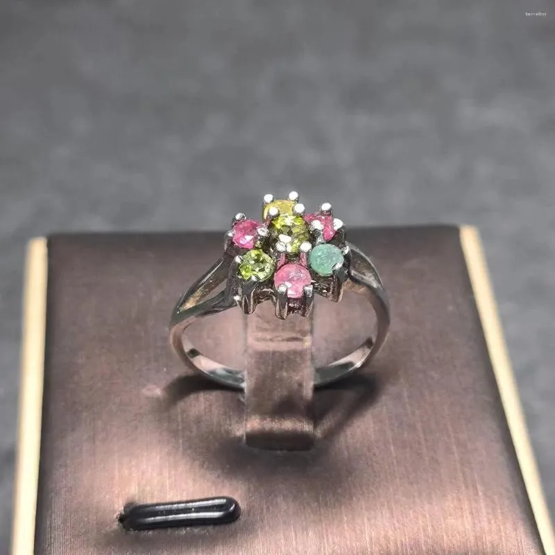 Ringos de cluster 1pcs/lote de cor natural Tourmaline Flower Ring S925 Silver Premium Fashion Ladies Jewelry Gift Crystal Acessórios Doce Taki