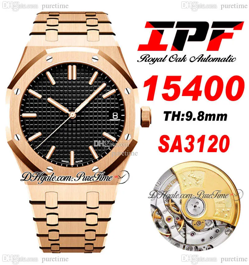 IPF 41mm 1540 A3120 Montre Automatique pour Homme Ultra-mince 9.8mm Or Rose Noir Texturé Cadran Marqueurs de Bâton Bracelet en Acier Inoxydable Super Edition Montres Puretime C3