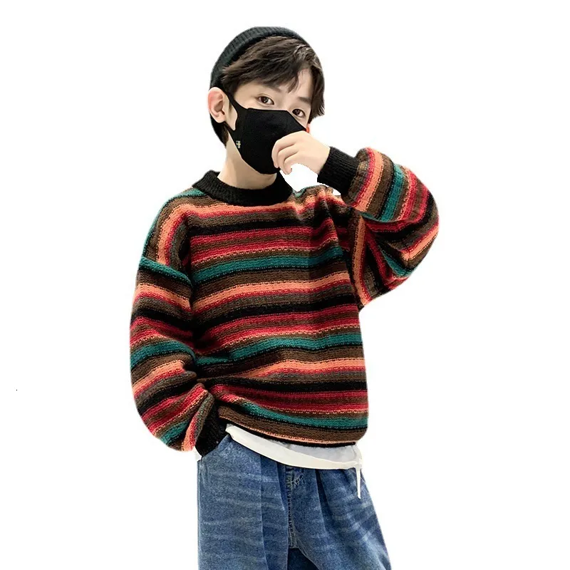 Cardigan Kid Fashion Sweater For Boys Autumn Winter Thick Warm Tops Children's Clothing For Teens Casual Stripe Stripe Pullover 414 år 221125