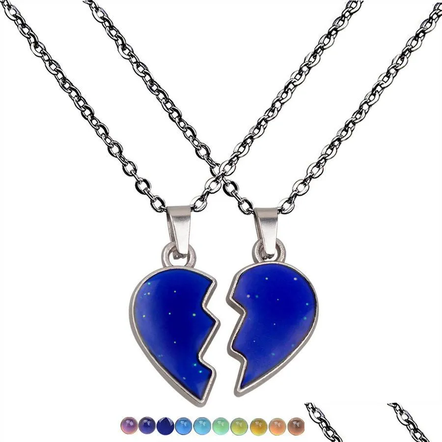 Bracelet Necklace Combination Friend Broken Heart Necklace Pendant Mood Color Changing Temperature Sensing Necklaces Women Childre Dhoqz