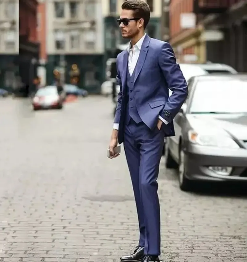 3 Piece Jacket Pants vest Blue Business Mens Suits Wedding Tuxedos Groomsmen Best Man Suit Formal Suit for Men