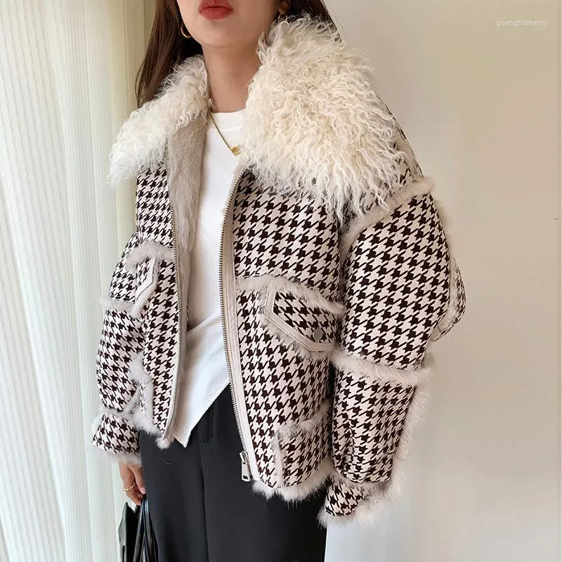 Women's Trench Coats 2022 Autumn Winter Faux Lamb Fur Sheepskin Coat Plaid Granular Sheep Shearing Jacket Female Casual Warm Outerwear 4XL